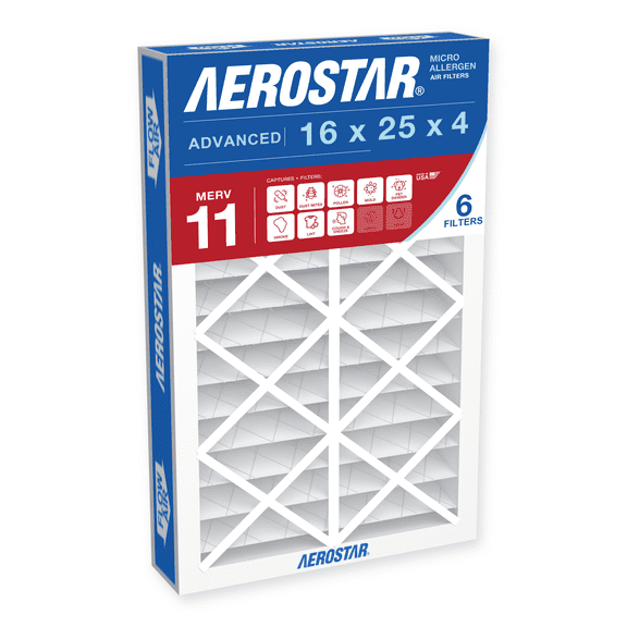 Aerostar 16x25x4 MERV 11 Air Filter, Pleated AC Furnace HVAC, Pet Dander Mold Smoke, 6 Pack