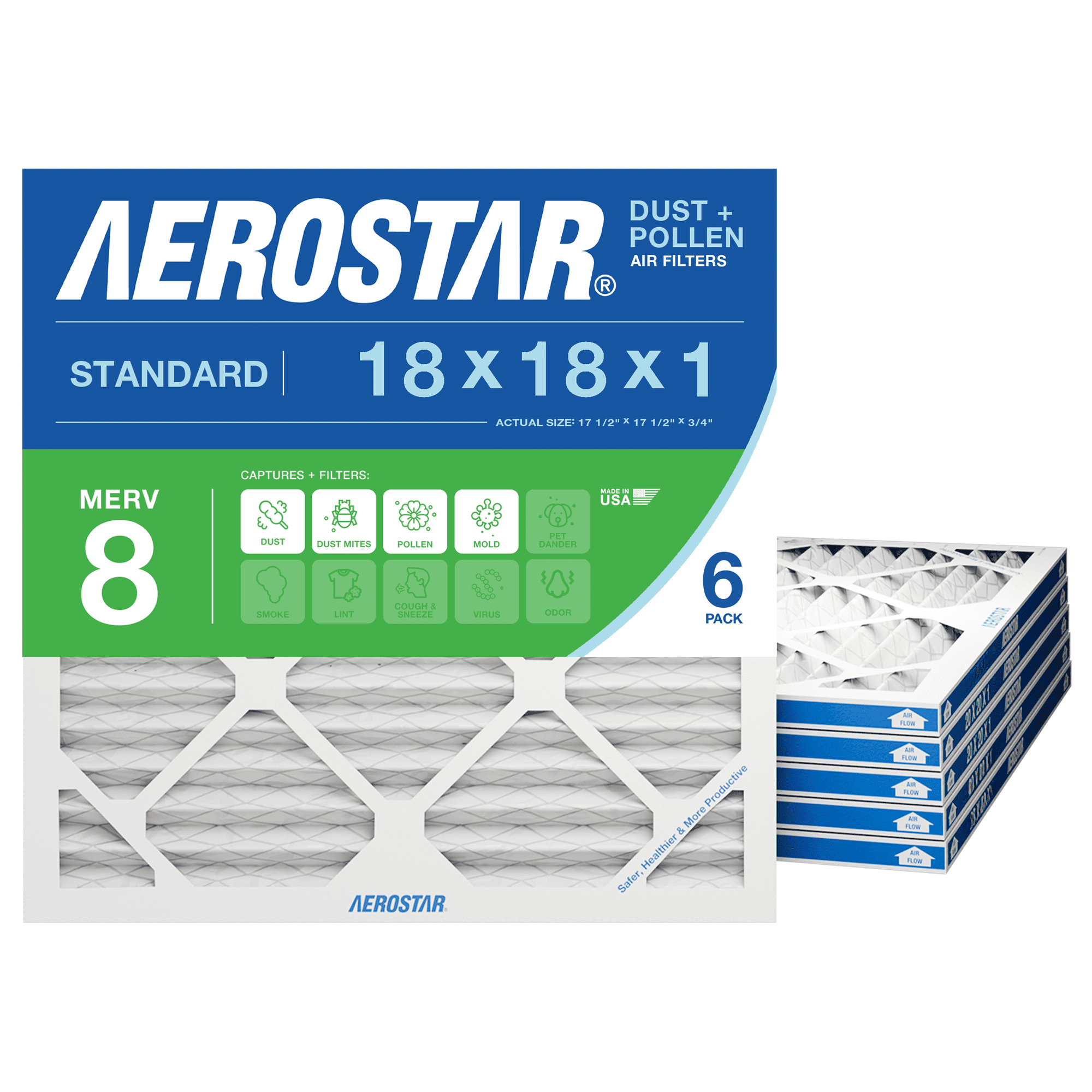 Aerostar 18x18x1 MERV 8 Air Filter, Pleated AC Furnace HVAC, Dust Pollen Pet Dander, 6 Pack