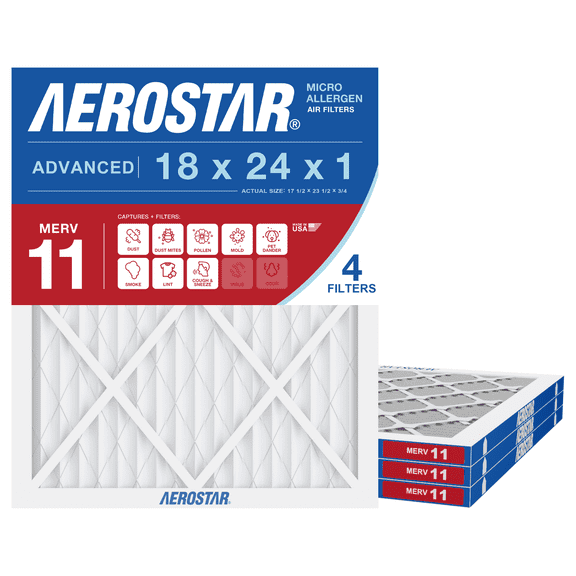 Aerostar 18x24x1 MERV 11 Air Filter, Pleated AC Furnace HVAC, Pet Dander Mold Smoke, 4 Pack