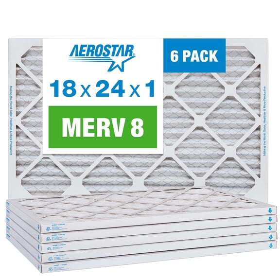 Aerostar 18x24x1 MERV 8 Air Filter, Pleated AC Furnace HVAC Filters (17.375x23.375x0.75), Electrostatically Charged for Allergies Dust Pet Dander Pollen Mold Lint, MPR 600 FPR 5, USA, 6 Pack