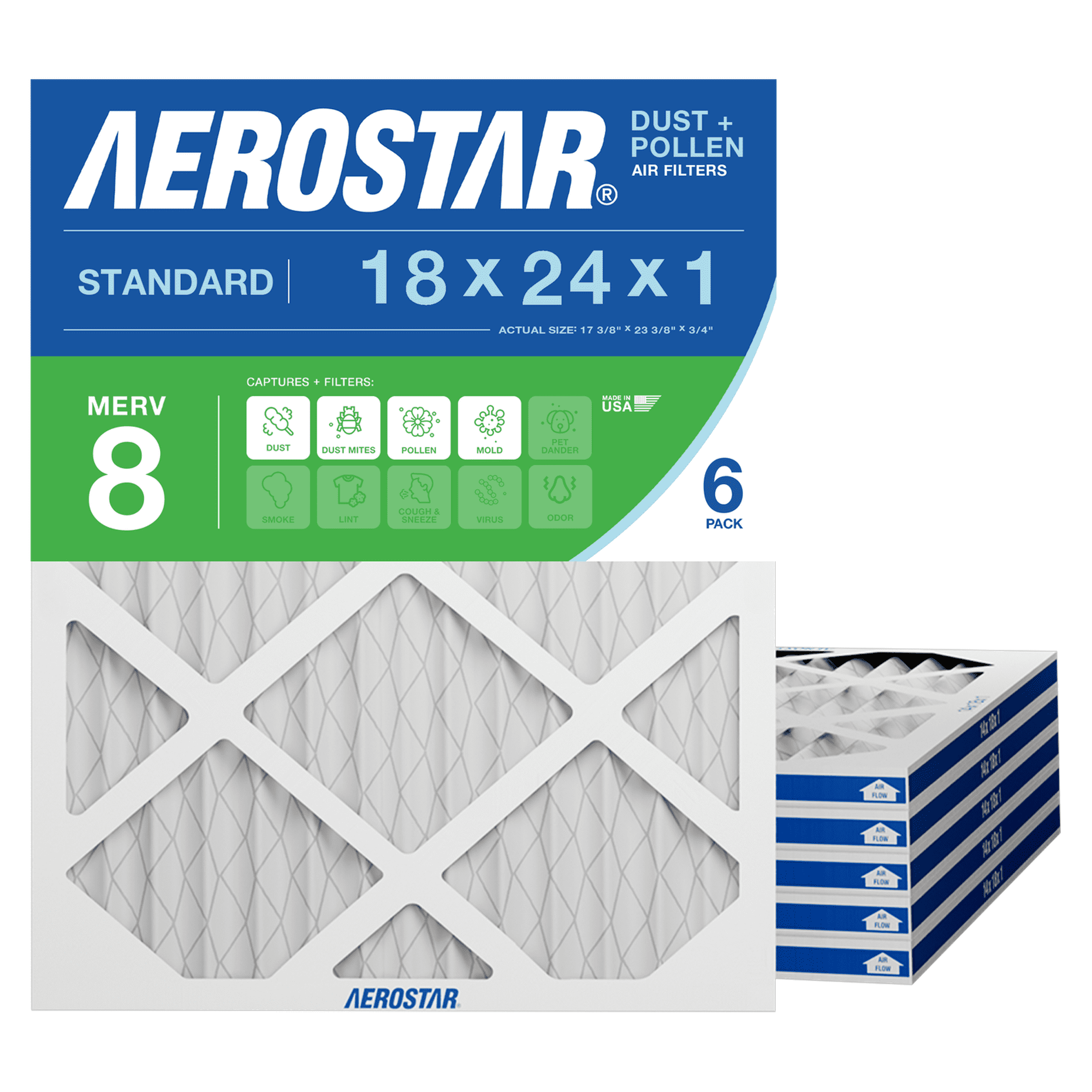 Aerostar 18x24x1 MERV 8 Air Filter, Pleated AC Furnace HVAC, Dust Pollen Pet Dander, 6 Pack