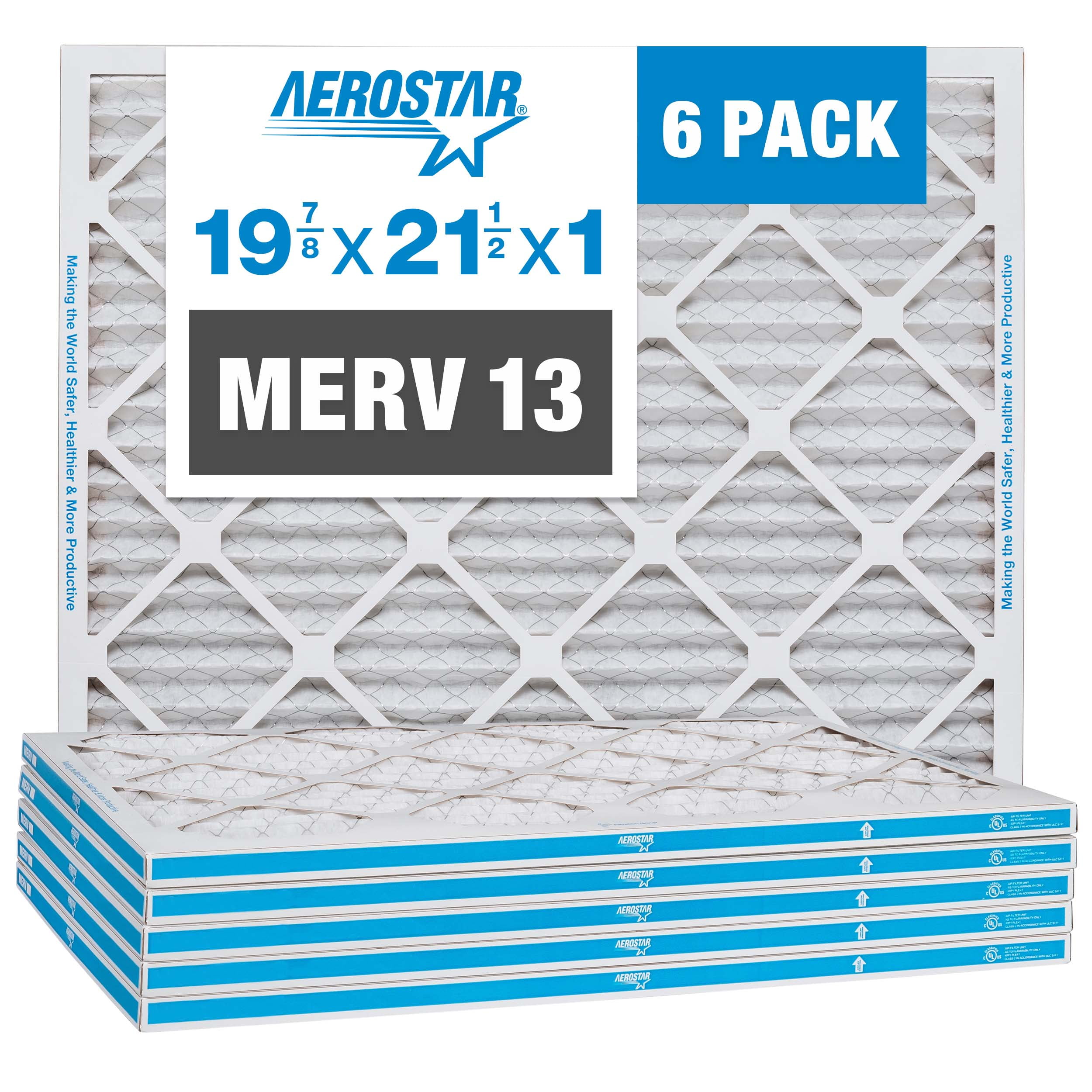 Aerostar MERV 13 19 7/8 x 21 1/2 x 1 Pleated Air Filter, 6 Pack