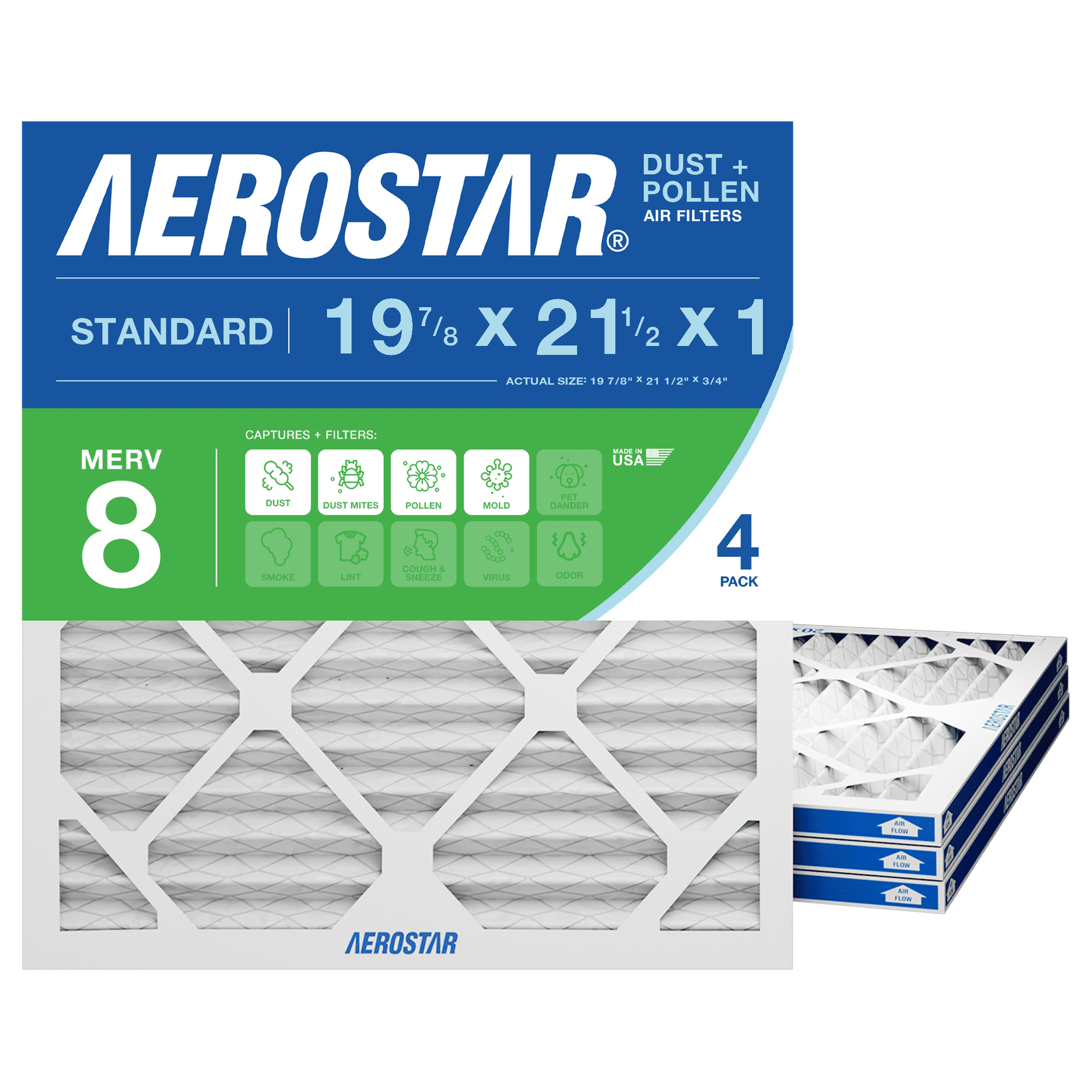Aerostar 19.875x21.5x1 MERV 8 Air Filter, Pleated AC Furnace HVAC, Dust Pollen Pet Dander, 4 Pack