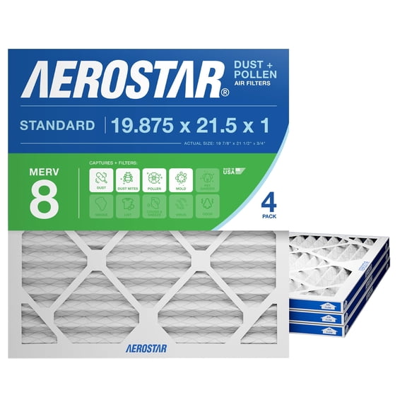 Aerostar 19.875x21.5x1 MERV 8 - 4 Count - High Efficiency Pleated HVAC, Furnace & Air Conditioner Filters - Removes Dust, Lint, Mold & Allergy-Causing Pollen