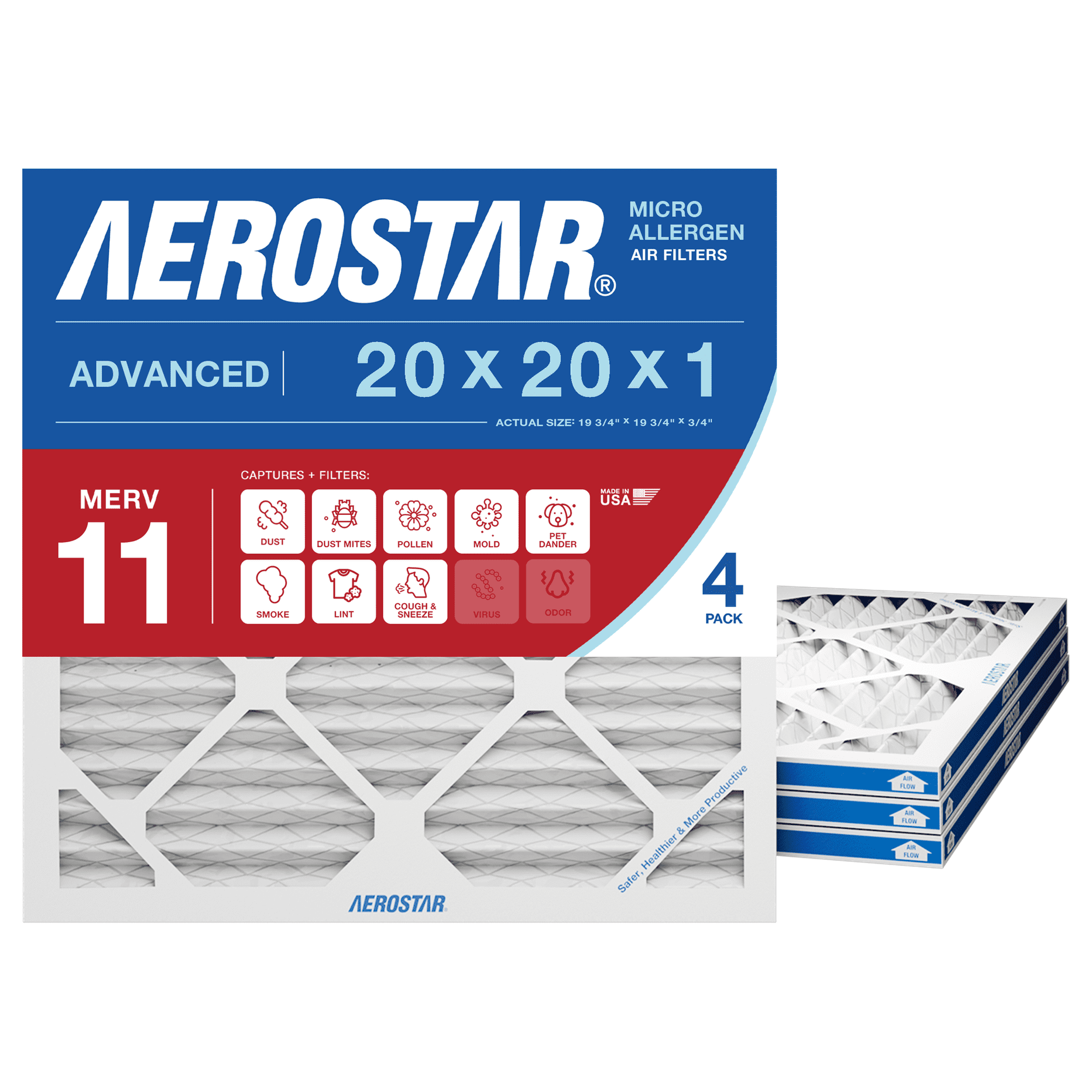 Aerostar 20x20x1 MERV 11 Air Filter, Pleated AC Furnace HVAC, Pet Dander Mold Smoke, 4 Pack