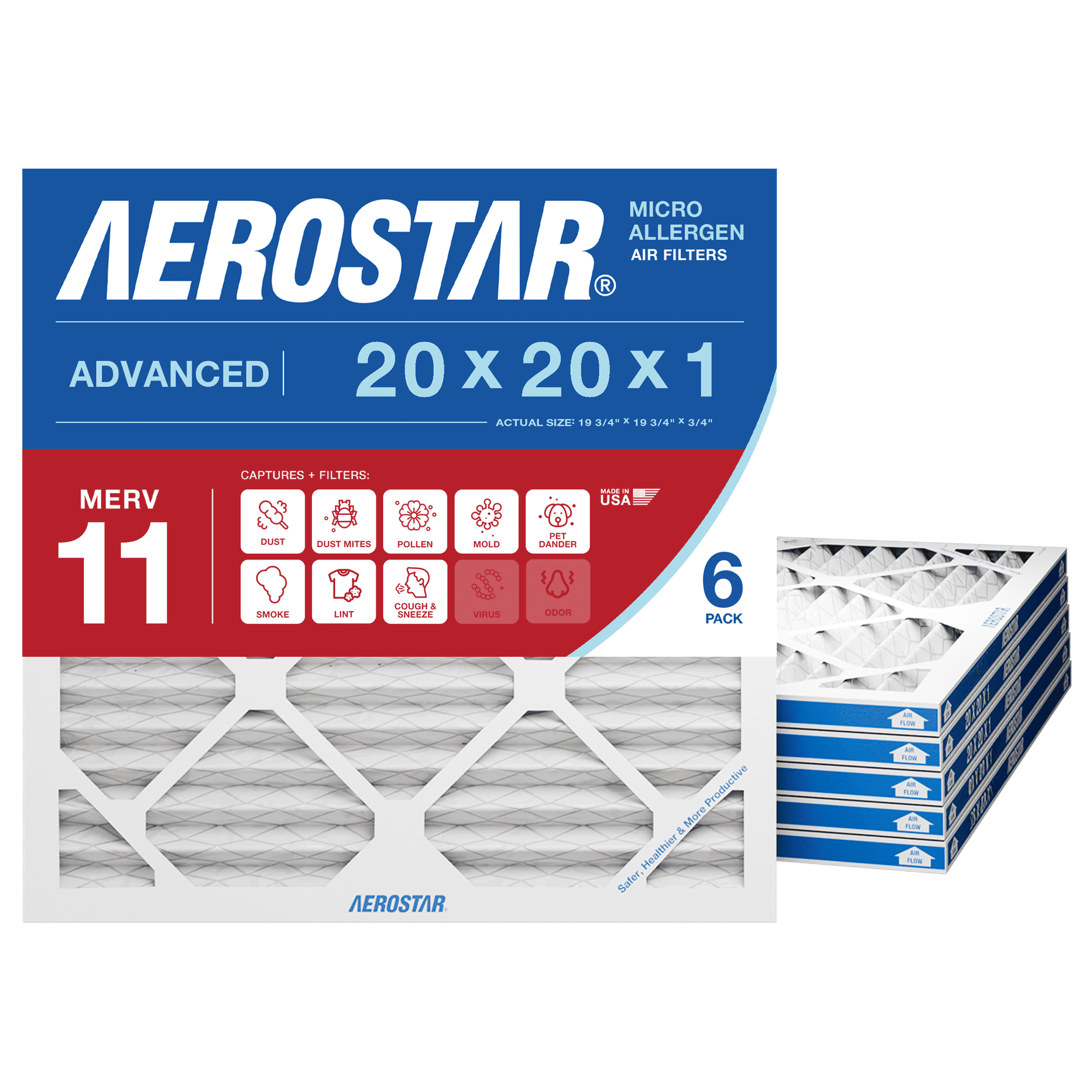 Aerostar 20x20x1 MERV 11 Air Filter, Pleated AC Furnace HVAC, Pet Dander Mold Smoke, 6 Pack