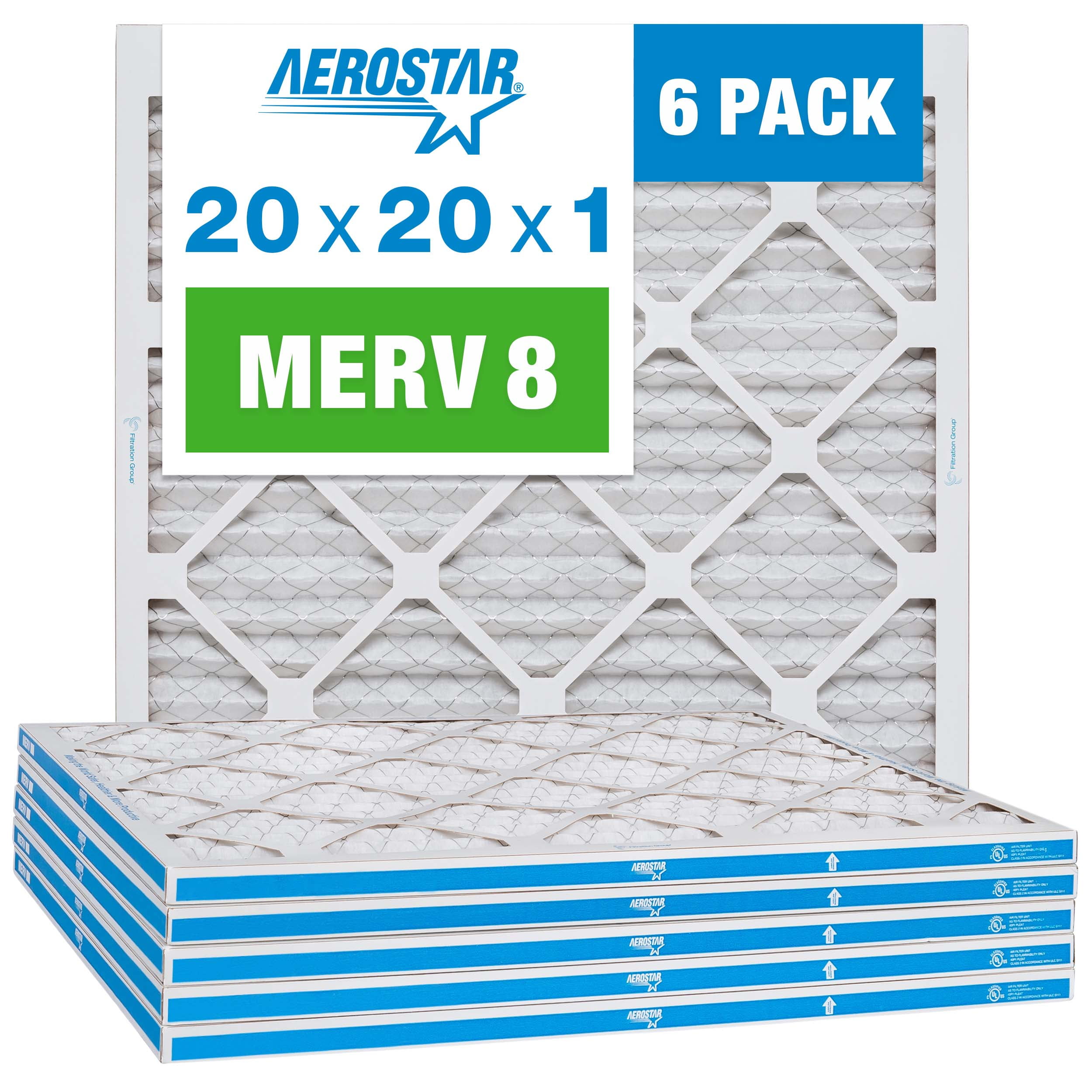 Aerostar 20x20x1 MERV 8 Pleated Furnace Air Filter, 6 Pack