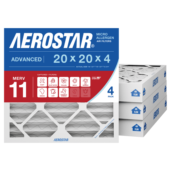 Aerostar 20x20x4 Slim MERV 11 AC Furnace Air Filter, Pleated HVAC Filter, MPR 1000 FPR 7, Allergen Defense, 4-Pack, Made in USA