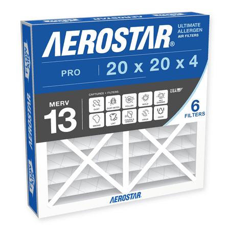 Aerostar 20x20x4 MERV 13 Air Filter, Pleated AC Furnace HVAC, Smoke Bacteria Allergy, 6 Pack