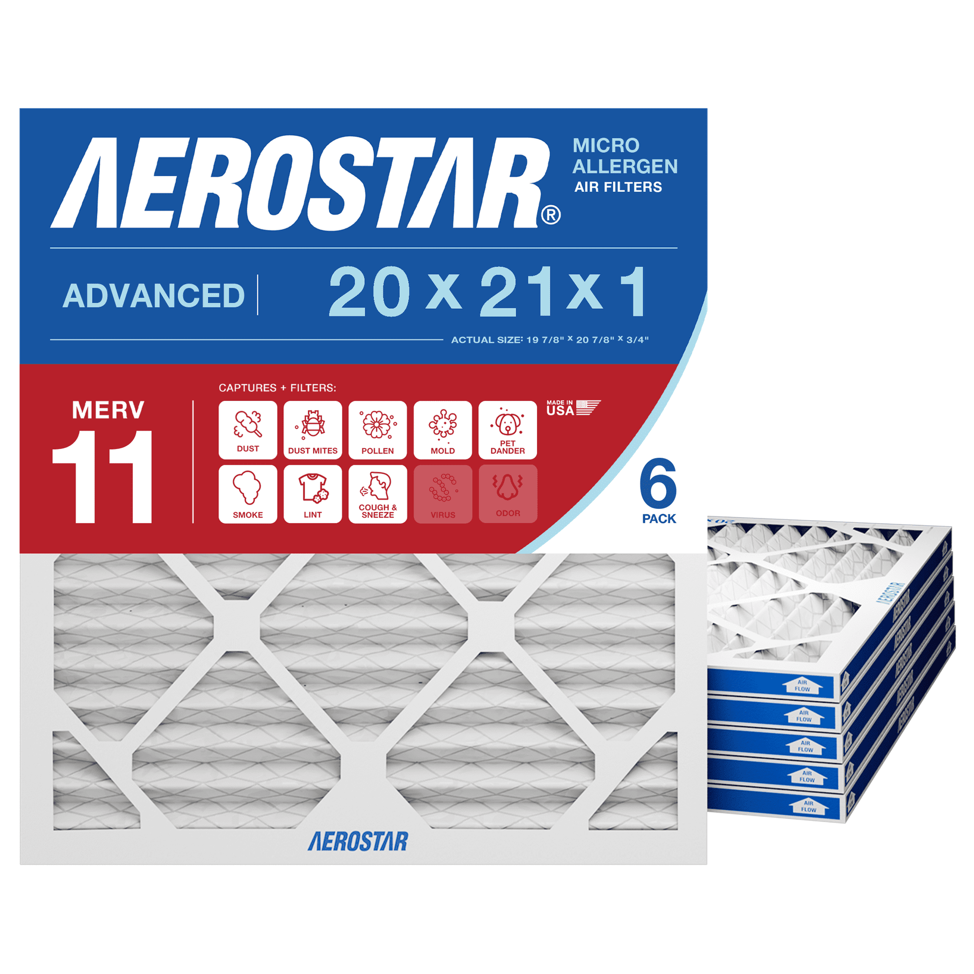 Aerostar 20x21x1 MERV 11 Air Filter, Pleated AC Furnace HVAC, Pet Dander Mold Smoke, 6 Pack