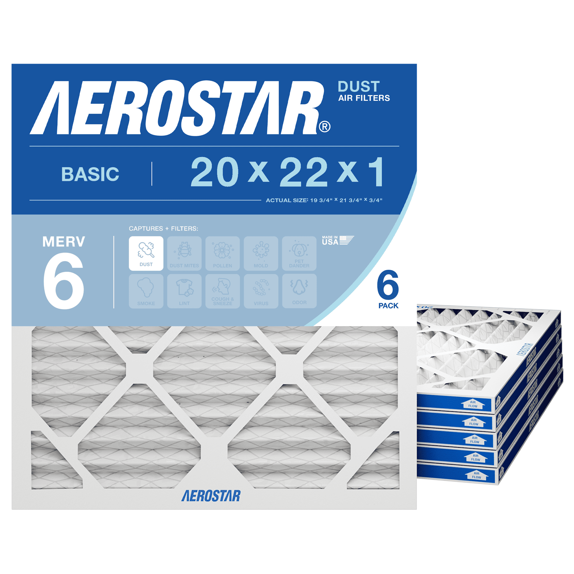Aerostar 20x22x1 MERV 6 Air Filter, Pleated AC Furnace HVAC, Dust Lint Control, 6 Pack