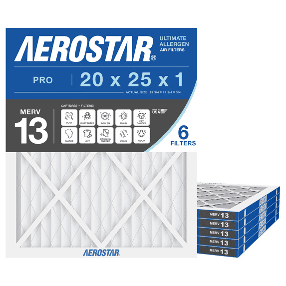 Aerostar 20x25x1 MERV 13 Air Filter, Pleated AC Furnace HVAC, Smoke Bacteria Allergy, 6 Pack
