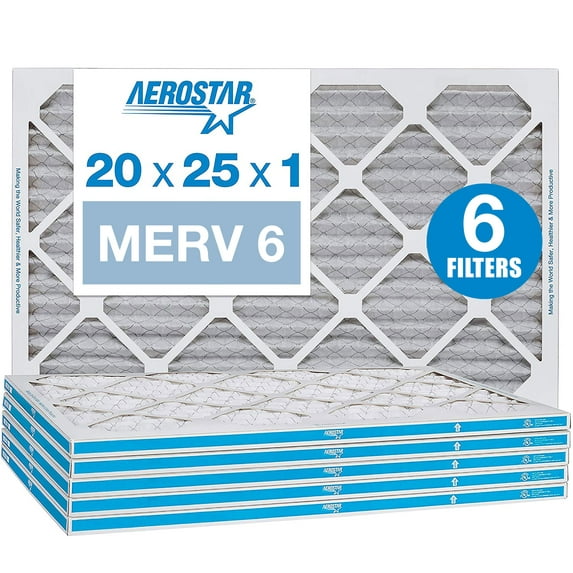 Aerostar 20x25x1 MERV 6 Pleated Air Filter, AC Furnace Air Filter, 6 Pack