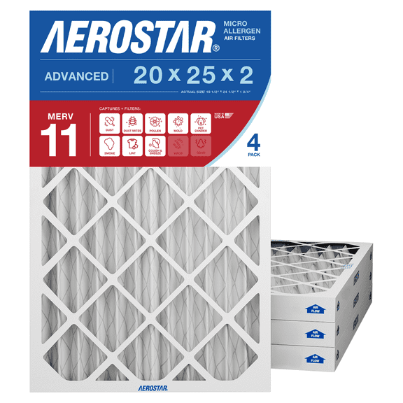 Aerostar 20x25x2 MERV 11 Air Filter, Pleated AC Furnace HVAC, Pet Dander Mold Smoke, 4 Pack