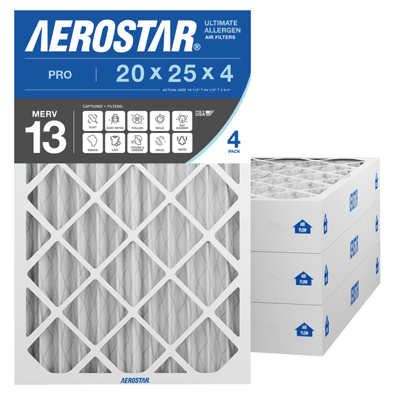 Aerostar 20x25x4 MERV 13 Air Filter, Pleated AC Furnace HVAC, Smoke Bacteria Allergy, 4 Pack