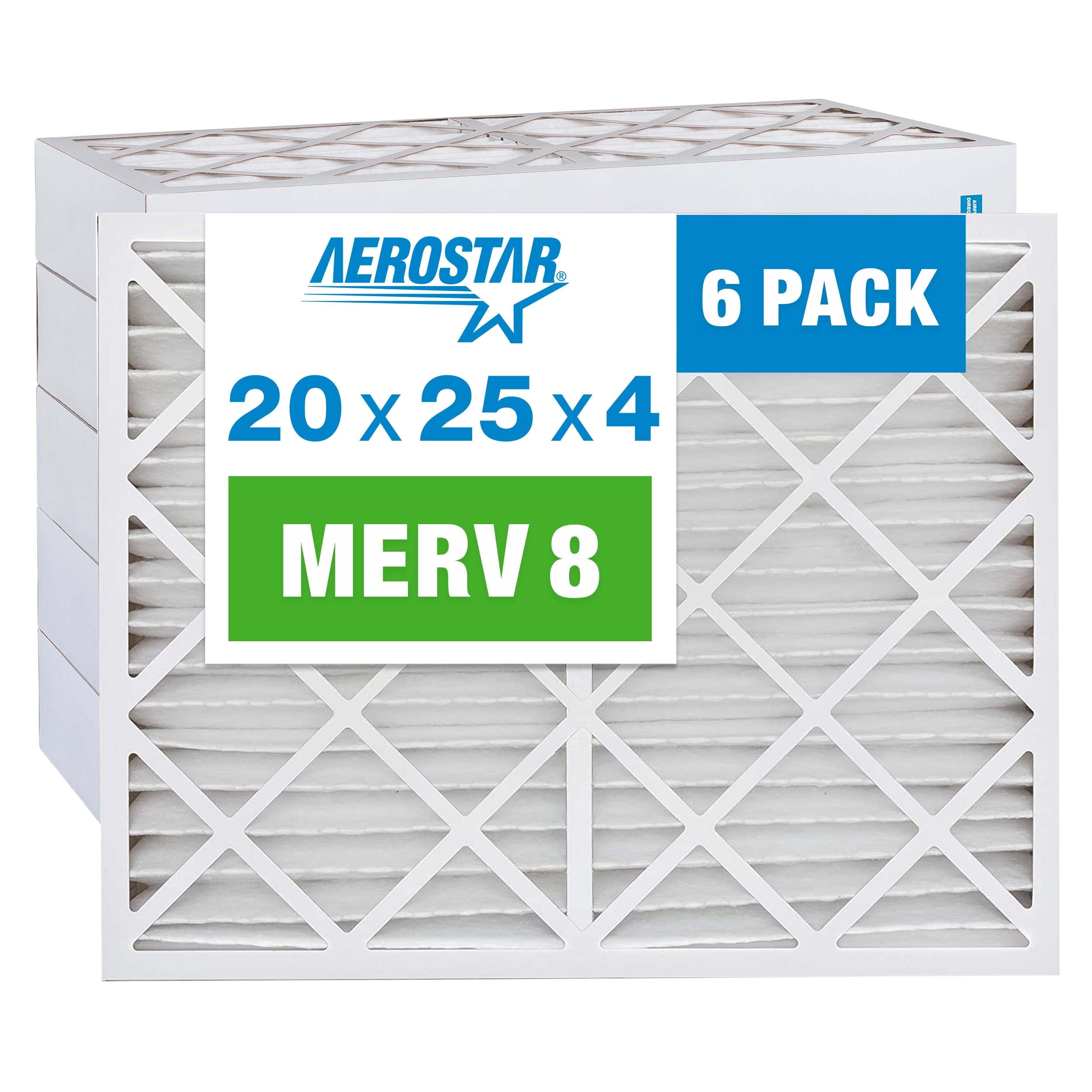 Aerostar 20x25x4 White Pleated MERV 8 Air Filter, 6 Pack