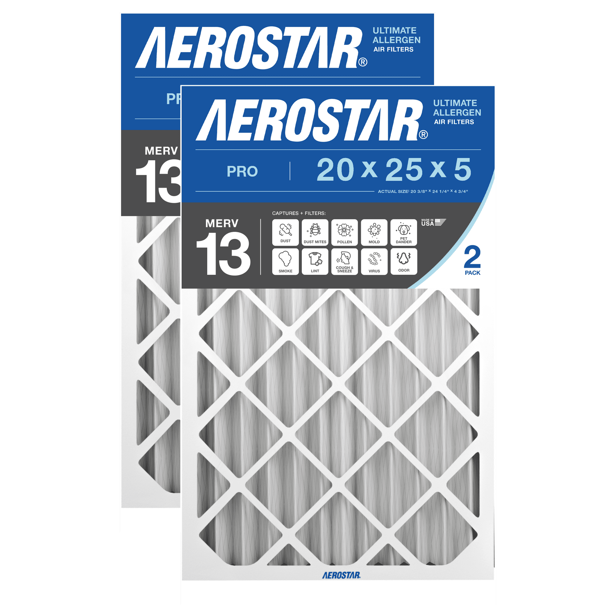 Aerostar 20x25x5 MERV 13 Air Filter, Pleated AC Furnace HVAC, Smoke Bacteria Allergy, 2 Pack