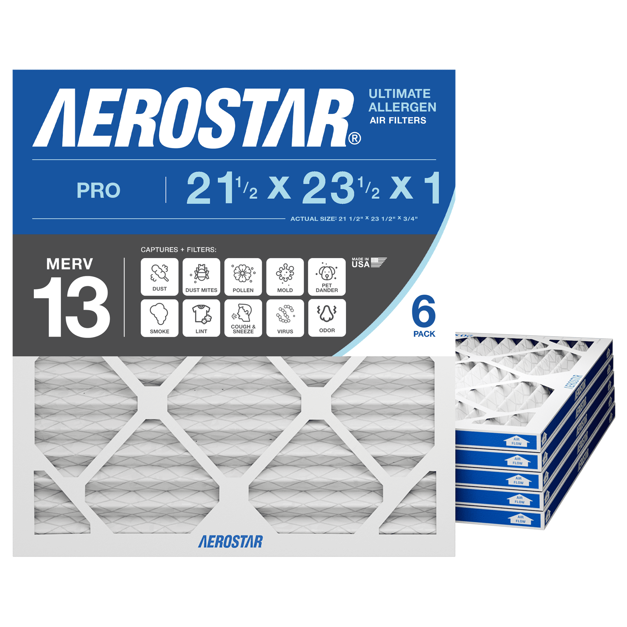 Aerostar 21.5x23.5x1 MERV 13 Air Filter, Pleated AC Furnace HVAC, Smoke Bacteria Allergy, 6 Pack