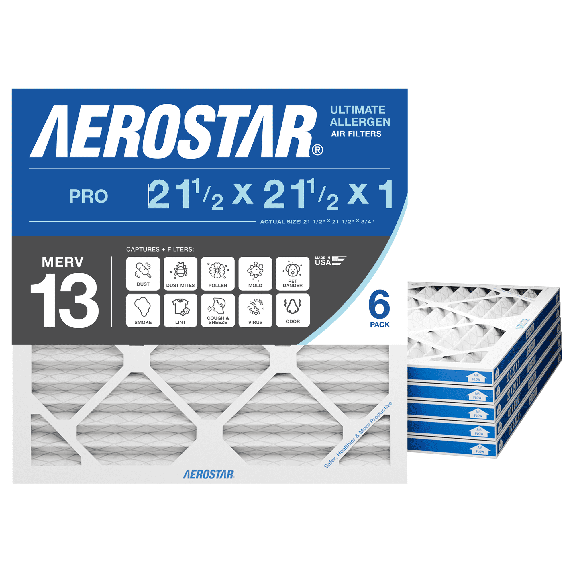 Aerostar 21x21x1 MERV 13 Air Filter, Pleated AC Furnace HVAC, Smoke Bacteria Allergy, 6 Pack