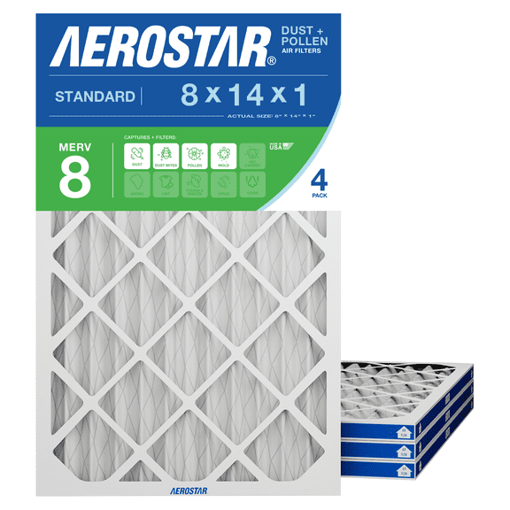 Aerostar 8x14x1 MERV 8 Pleated Air Filter, 4 Pack, Furnaces Filter, HVAC Filter