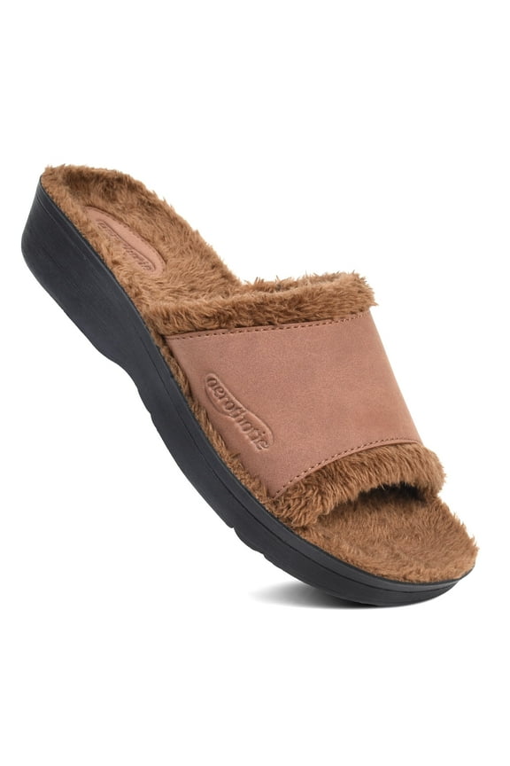 Aspen Women’s Fuzzy Slippers with Crisscross Strap – Open Toe, Cozy Indoor Outdoor House Shoes with Anti-Slip Sole