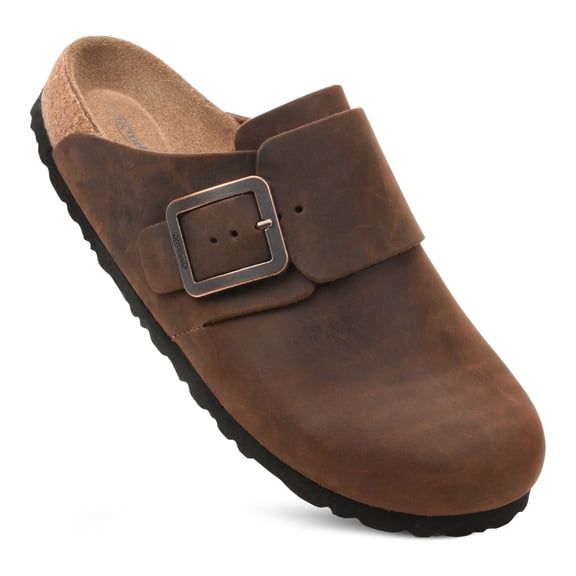 Aerothotic Dakota Genuine Leather Clogs for Women with Arch Support, Slip-On Comfort Mules, Cork Footbed Walking Shoes