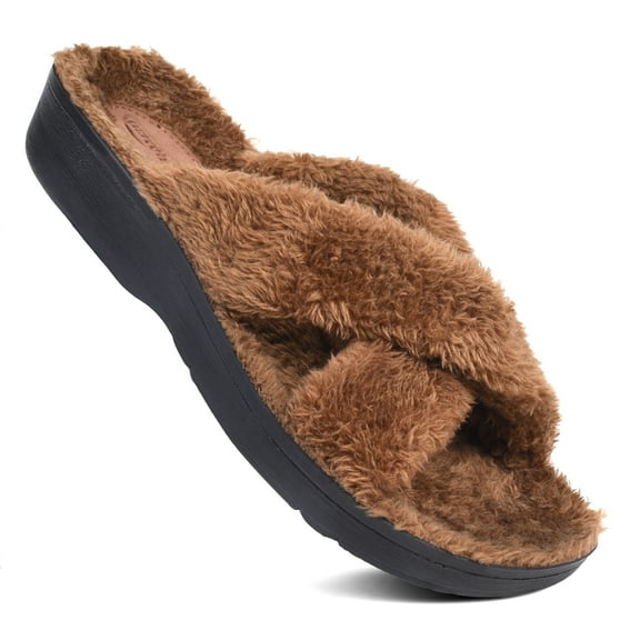 Aerothotic Lola Women’s Fuzzy Slippers – Soft Criss-Cross Indoor Cozy House Shoes