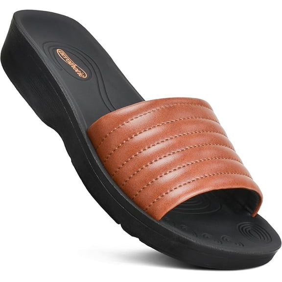 AEROTHOTIC Womens Slides Slip On Recovery Footwear Plantar Fasciitis Slides for Women with Arch Support Yoga Mat Indoor Outdoor Walking Ladies Soft Padded Dressy Non Slip Foodbed Beach Sandals Women