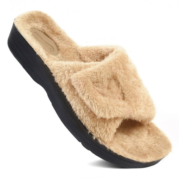 Aerothotic Women's Fuzzy Open Toe Slippers with Non-Slip Sole, Indoor Outdoor Cozy House Shoes with Crisscross Straps – Travel & Home Comfort Footwear