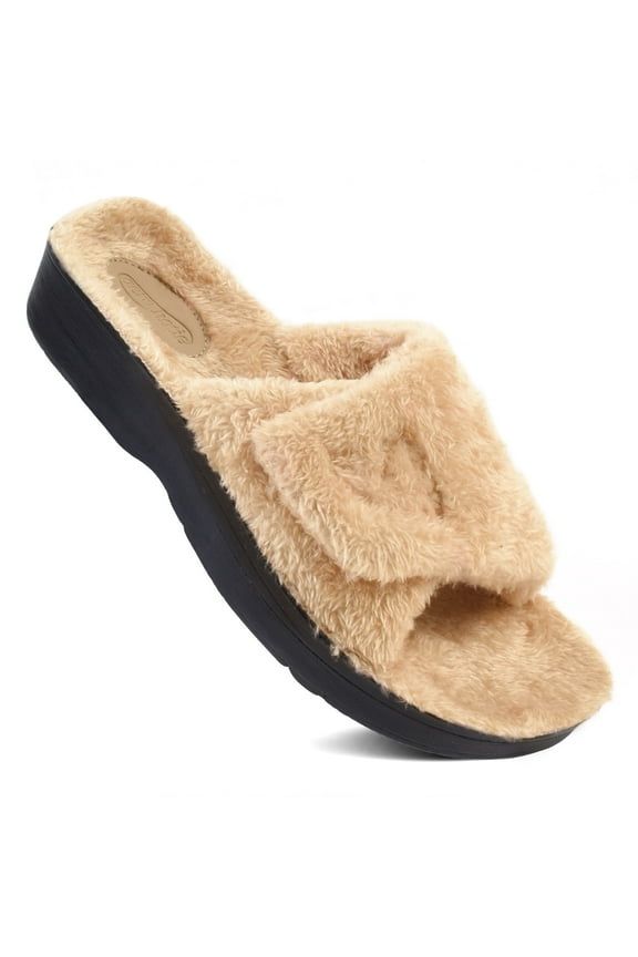 Women's Fuzzy Open Toe Slippers with Non-Slip Sole, Indoor Outdoor Cozy House Shoes with Crisscross Straps – Travel & Home Comfort Footwear