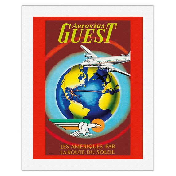 Aerovias Guest - Les Ameriiques Par La Route du Soleil (The Americas by the Sun Route) - Vintage Airline Travel Poster by Plaquet c.1950s - Fine Art Rolled Canvas Print 20in x 26in