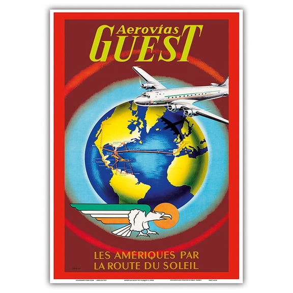 Aerovias Guest - Les Ameriiques Par La Route du Soleil (The Americas by the Sun Route) - Vintage Airline Travel Poster by Plaquet c.1950s - Master Art Print 10in x 14in