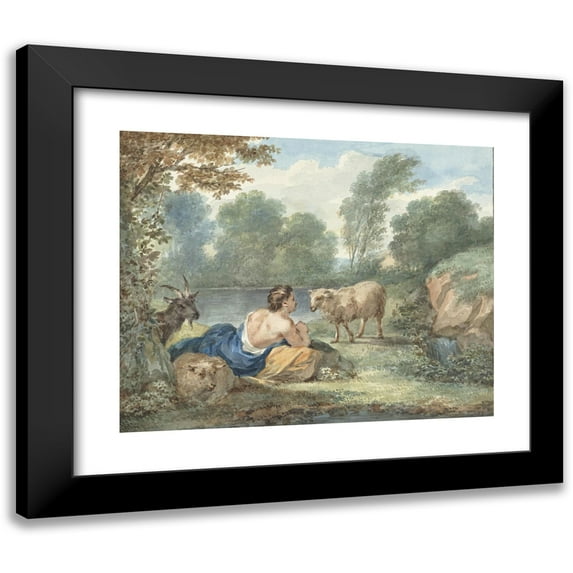 Aert Schouman 14x12 Black Modern Framed Museum Art Print Titled - Shepherd with Sheep in a Landscape with a Lake (1781)