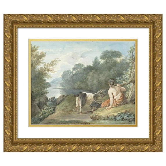 Aert Schouman 14x12 Gold Ornate Wood Frame and Double Matted Museum Art Print Titled - Shepherdin with Goats in a Landscape with a Lake (1781)