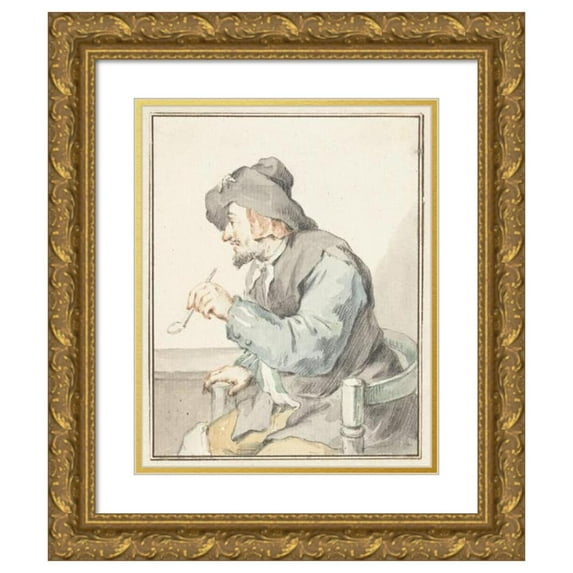 Aert Schouman 20x24 Gold Ornate Framed and Double Matted Museum Art Print Titled - Piping Man in an Armchair, to the Left (1720 - 1792)