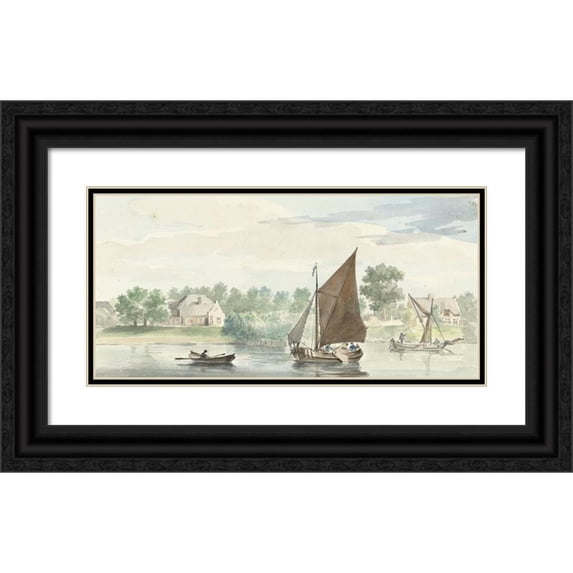 Aert Schouman 24x13 Black Ornate Framed Double Matted Museum Art Print Titled: Sailing Ship on the Beneden Merwede at the Papendrechtse Dijk (1729)