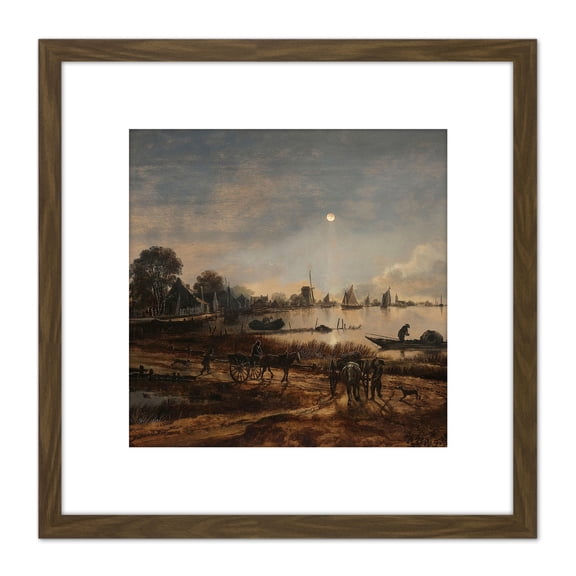 Aert Van Der Neer Riverview By Moonlight Painting 8X8 Inch Square Wooden Framed Wall Art Print Picture with Mount