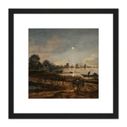 Aert Van Der Neer Riverview By Moonlight Painting 8X8 Inch Square Wooden Framed Wall Art Print Picture with Mount