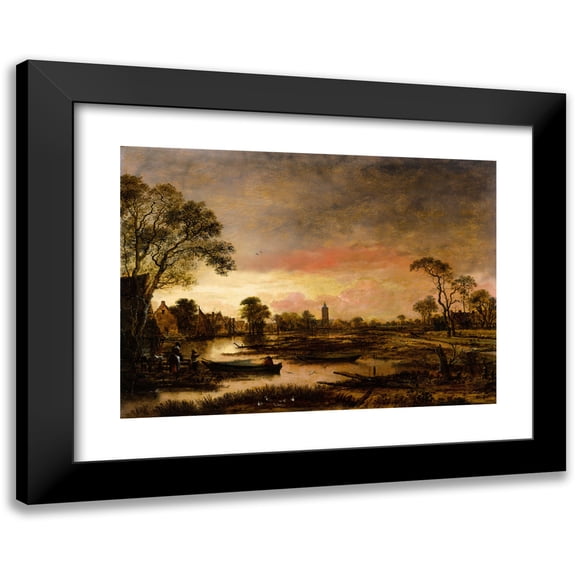 Aert van der Neer 14x11 Black Modern Framed Museum Art Print Titled - River Landscape (C. 1650)