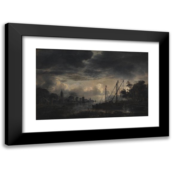 Aert van der Neer 14x11 Black Modern Framed Museum Art Print Titled - River Landscape in Moonlight (1643 - 1646)