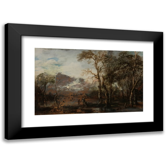Aert van der Neer 14x11 Black Modern Framed Museum Art Print Titled - Wooded Landscape with Hunter (C. 1642 - 1643)
