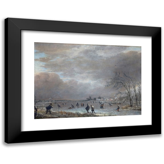 Aert van der Neer 18x14 Black Modern Framed Museum Art Print Titled - Winter Landscape with Skaters on a Frozen River