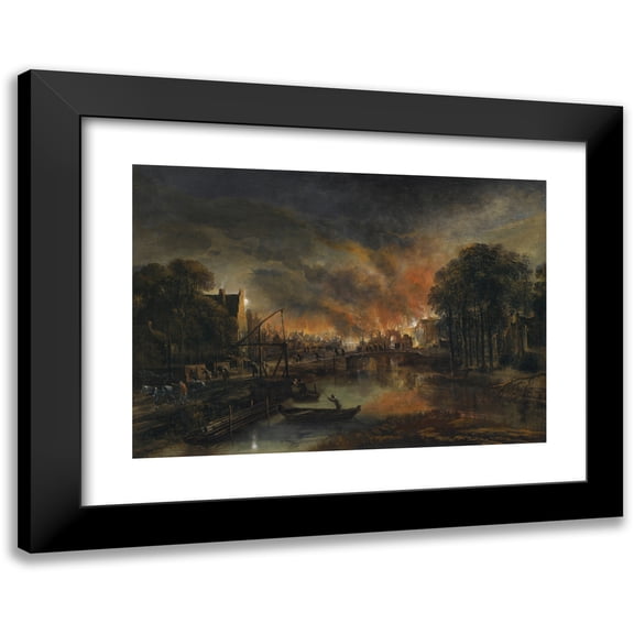 Aert van der Neer 24x18 Black Modern Framed Museum Art Print Titled - A Moonlit Landscape with a Burning Village