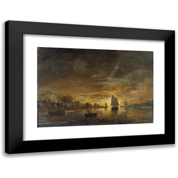Aert van der Neer 24x18 Black Modern Framed Museum Art Print Titled - River Landscape with Ships at Moonrise (ca. 1660 - 1670)