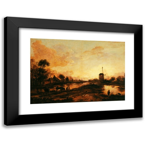 Aert van der Neer 24x18 Black Modern Framed Museum Art Print Titled - Sunset on Yssel (1645)