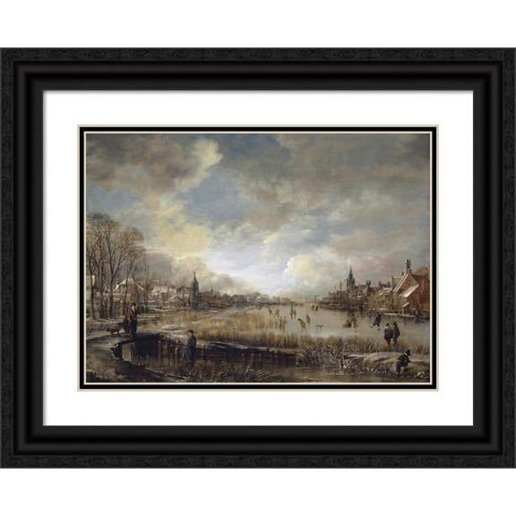 Aert van der Neer 24x19 Black Ornate Framed Double Matted Museum Art Print Titled: Two Towns on a Frozen River with Golf Players and Ice Skaters (1660-65)
