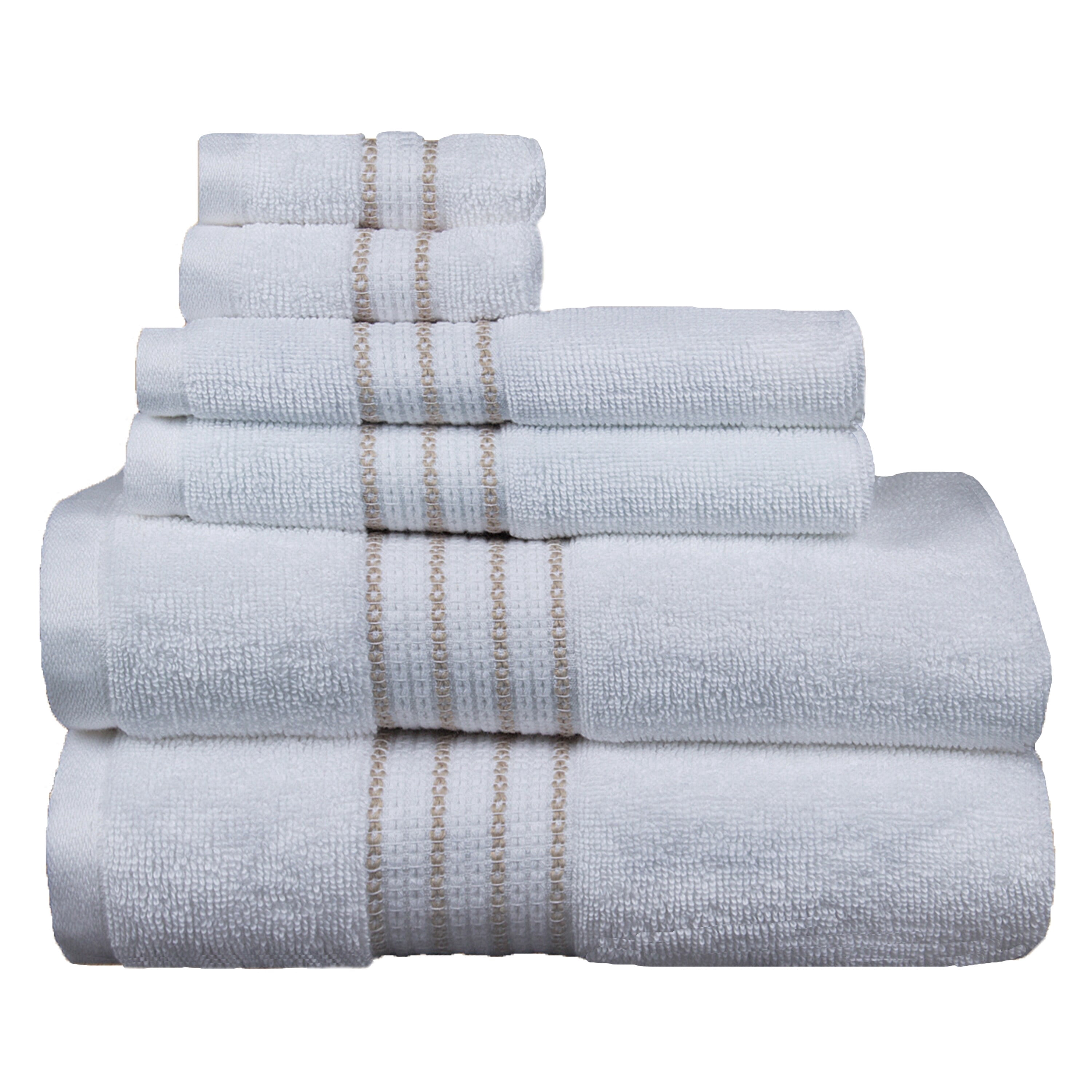 Aertex Stripe 100% Cotton 520 GSM 6 Piece Bath Towel Set, Soft & Absorbent, Quick Dry, 2 Bath 27x54, 2 Hand 16x28, 2 Wash 13x13, White with Dove Gray Stripes, OEKO-TEX® Certified