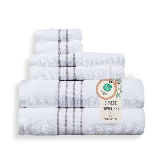 Aertex Stripe 100% Cotton 520 GSM 6 Piece Bath Towel Set, Soft & Absorbent, Quick Dry, 2 Bath 27x54, 2 Hand 16x28, 2 Wash 13x13, White with Dove Gray Stripes, OEKO-TEX® Certified
