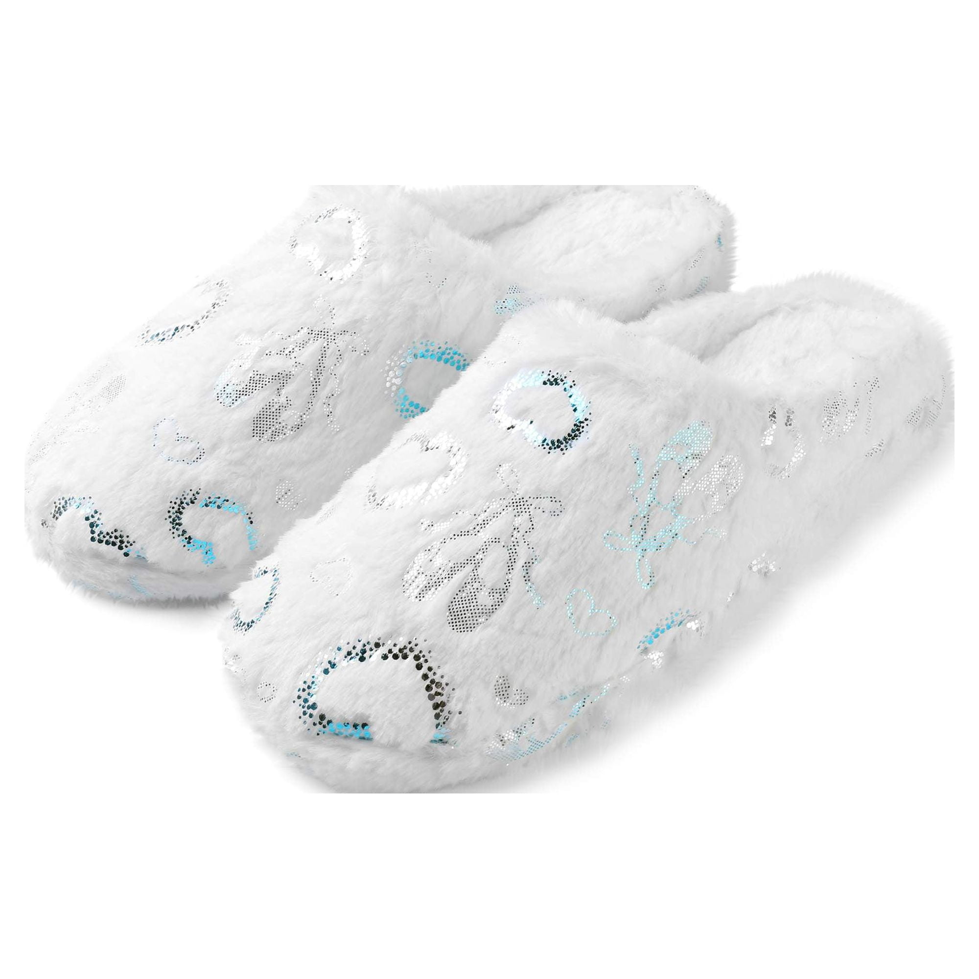 Aerusi Women’s Fuzzy Heart House Slippers, Closed Toe Slip-On Warm Plush Indoor Outdoor Shoes, Non-Slip Sole