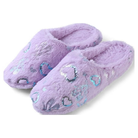 Aerusi Women's Fuzzy Heart House Slippers, Soft Plush Cozy Slip-On Indoor Slippers with Non-Slip Sole